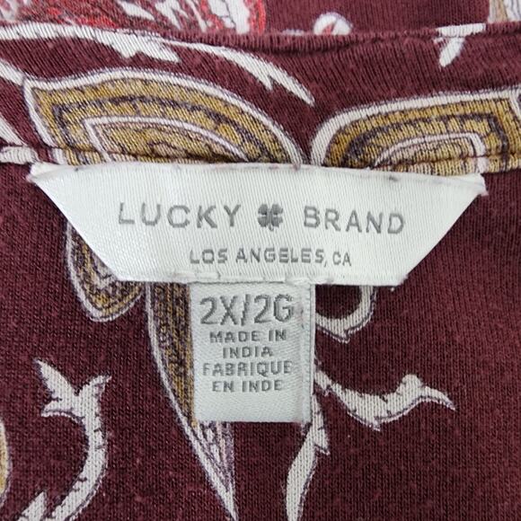 Lucky Brand Top Size 2X Womens Burgundy Floral Print Blouse Boho V Neck Border - Picture 9 of 13